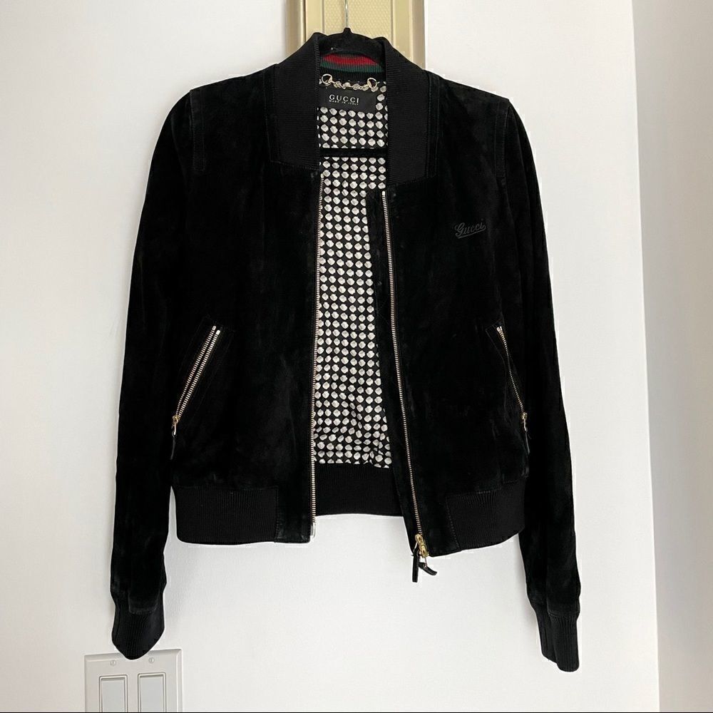 GUCCI Black Suede 100% Leather Bomber Jacket Made in Italy sz 44EU
